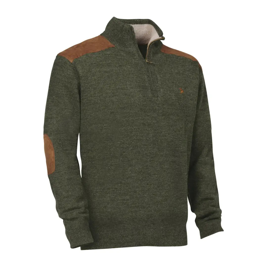 Green Verney Carron Fox Zipped Pullover with brown shoulder patches and quarter-zip collar