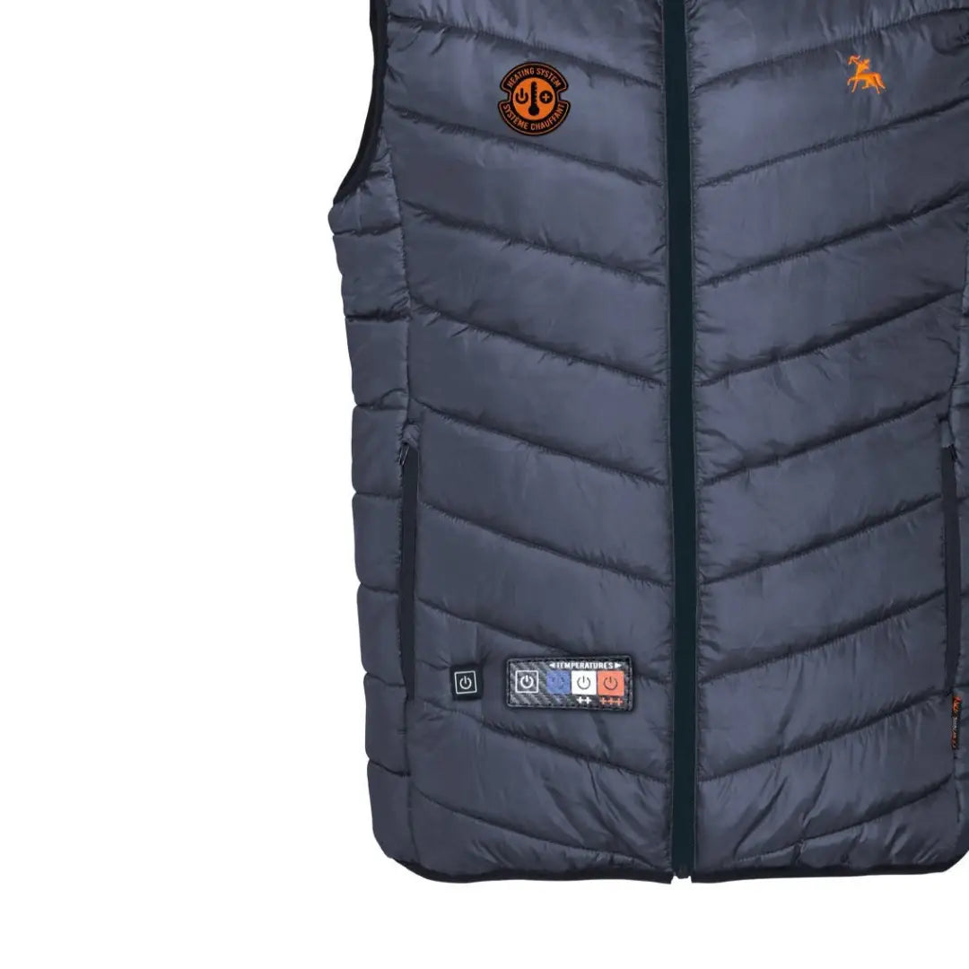 Quilted Navy Blue Verney Carron Heat Vest with logo patches and a zipper