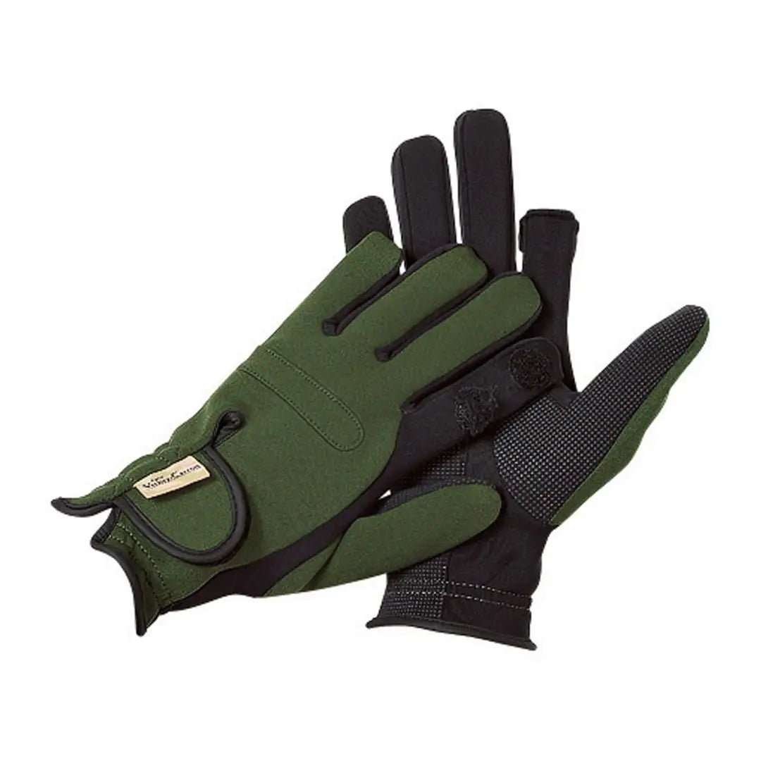 Pair of Verney Carron neoprene gloves in green and black for outdoor fun