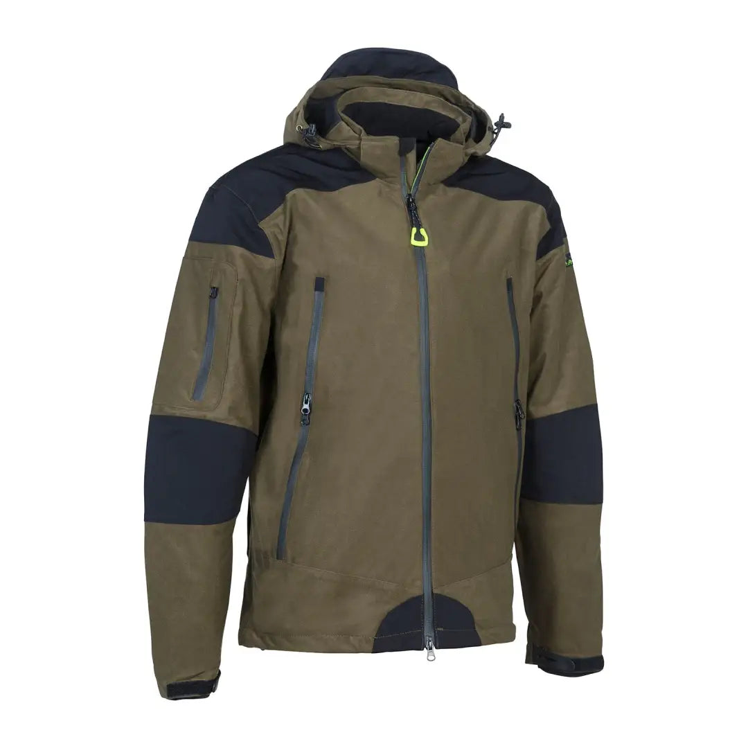 Olive green and navy blue Verney Carron Puma jacket with hood and zippered pockets