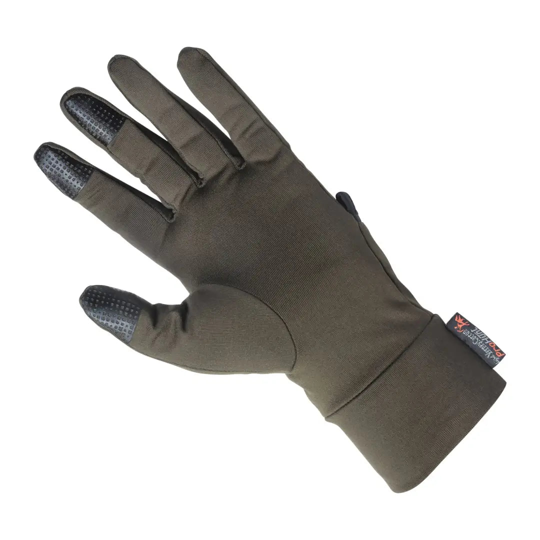 Olive green Verney Carron tactile glove with textured fingertips and logo tag