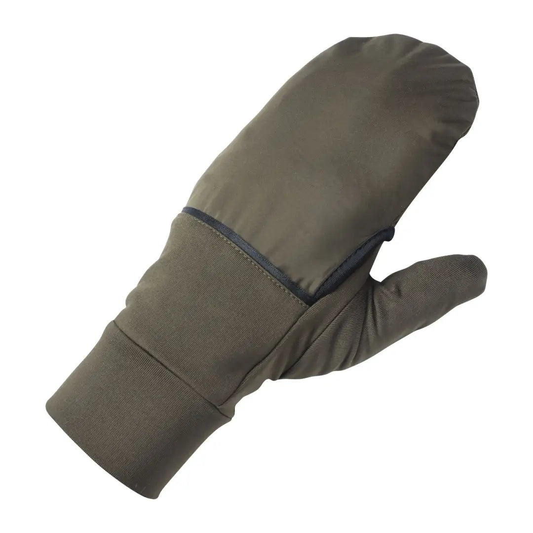 Olive green Verney Carron tactile glove mittens with a cozy fold-over flap