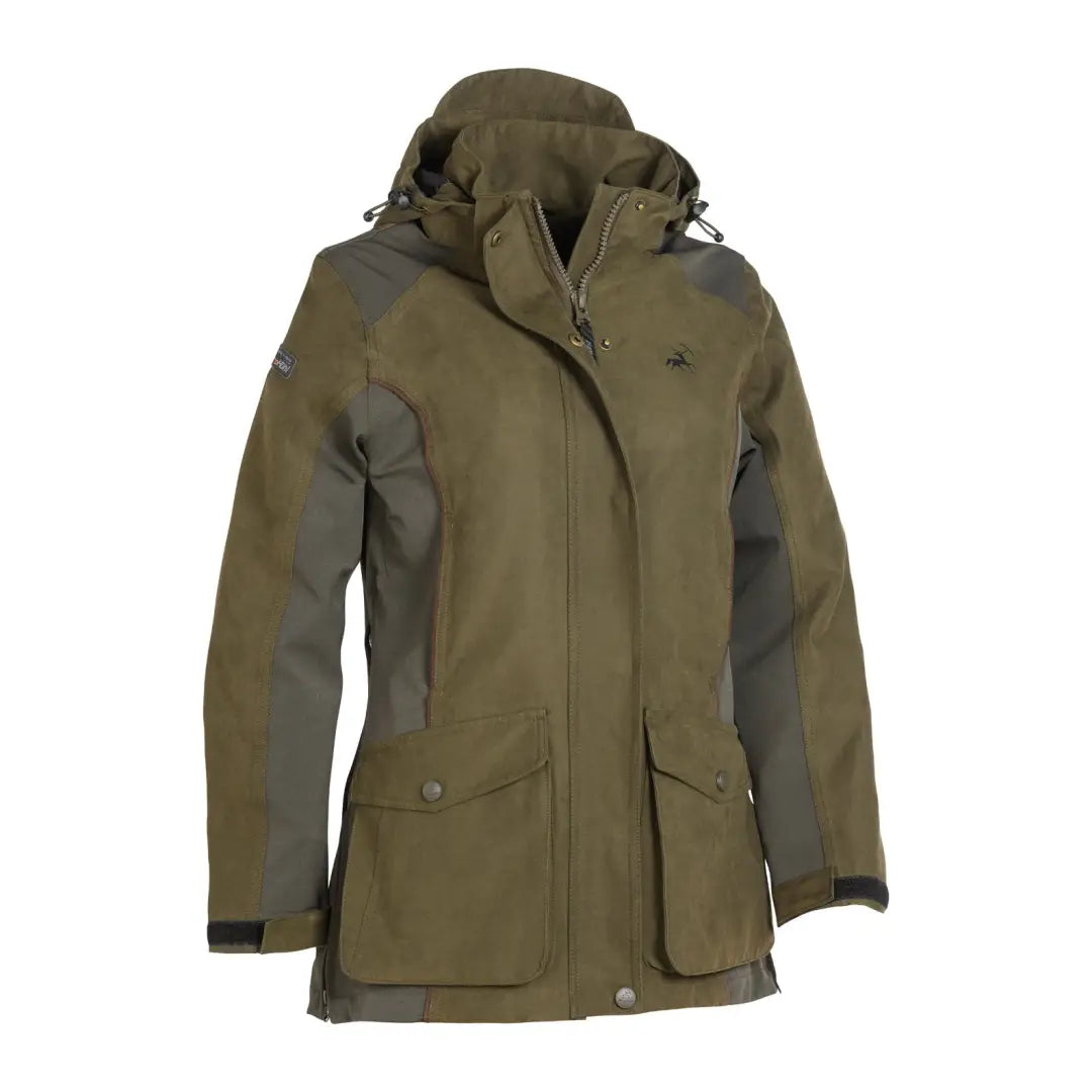 Olive green waterproof Verney Carron Womens Falcon Jacket for outdoor adventures