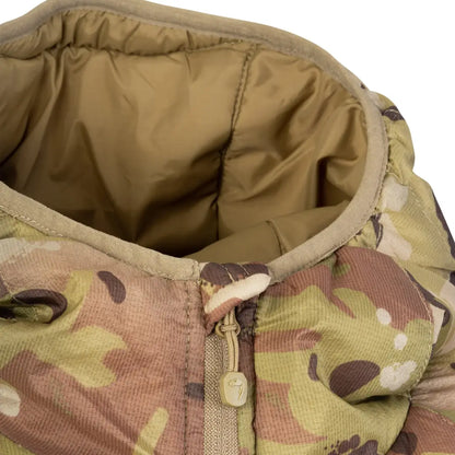 Camouflage collar of the Viper Frontier Jacket showing zipper and tan inner lining