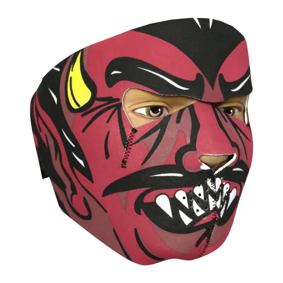 Fierce red devil mask with sharp teeth and yellow horns for Viper Neoprene face masks