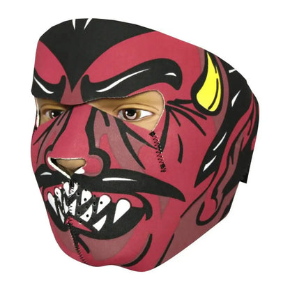 Fierce red devil mask with sharp teeth and yellow horns for Viper Neoprene face masks