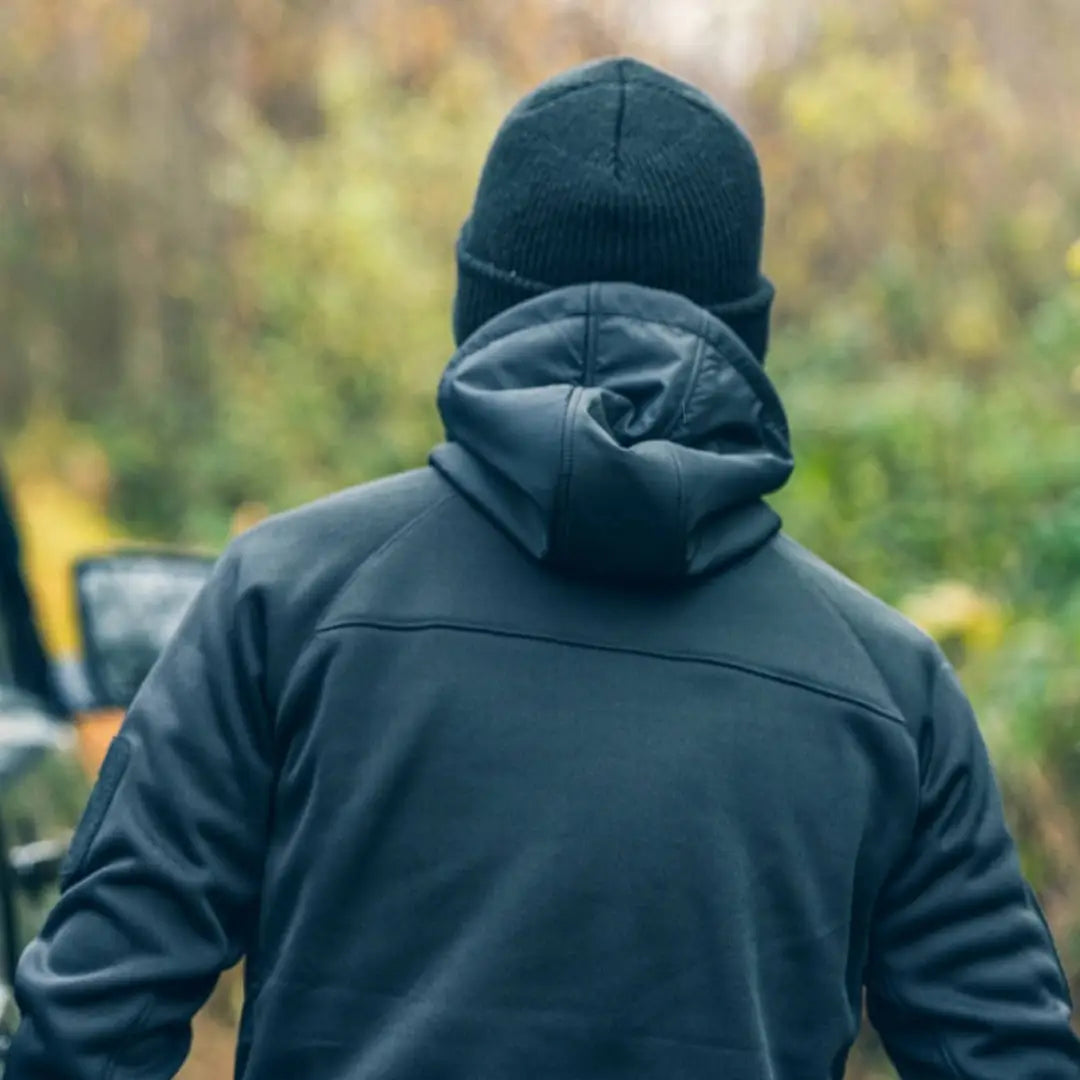 Person in a dark Viper Storm Hoodie with cozy brushed fleece lining, seen from behind