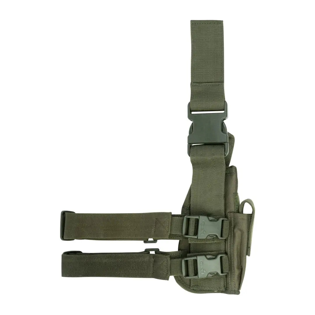 Olive green Viper Tactical Leg Holster for left-handed use with adjustable straps and buckles