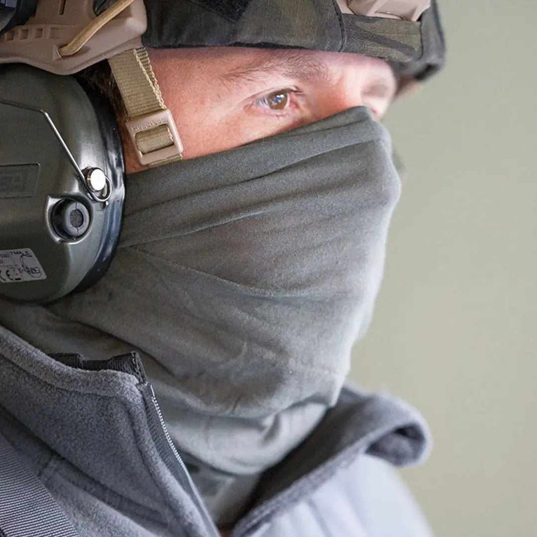 Close-up of a person in military protective gear showcasing versatile headwear with Viper Tactical Snood