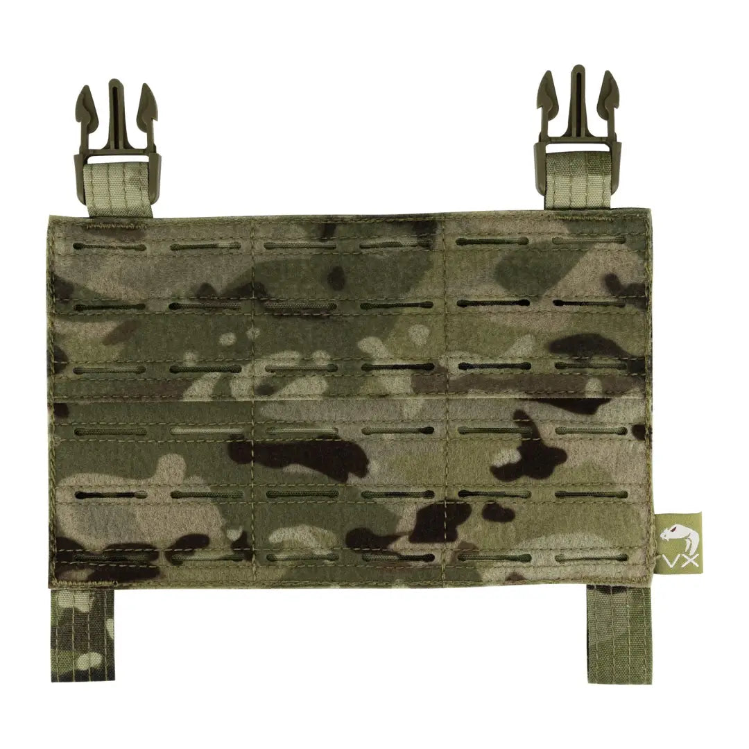 Camouflage tactical chest rig featuring Viper VX Buckle Up Panel and MOLLE webbing