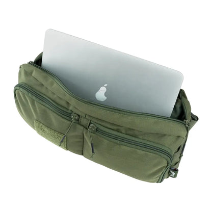 Olive green Viper VX Buckle Up Sling Pack with a laptop peeking out inside