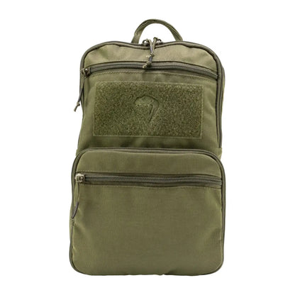 Military-style olive green backpack with zippered compartments and a rifle mag sleeve