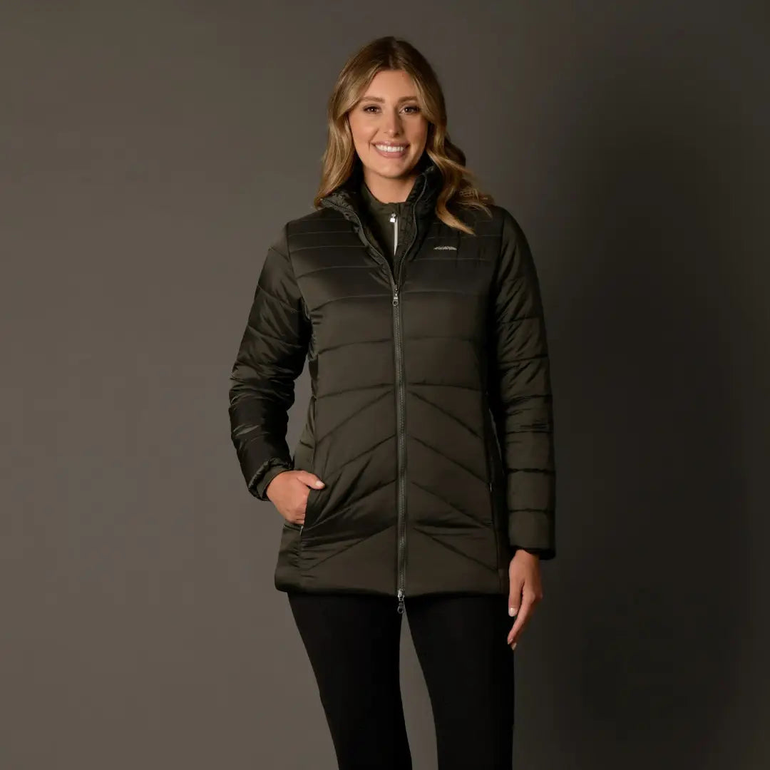 Dark green WeatherBeeta Harlow Puffer Jacket with quilted design and zipper front