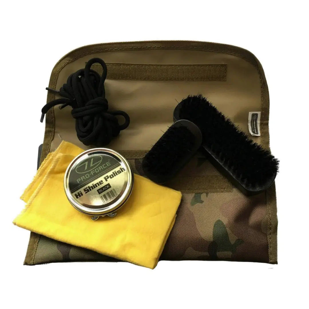 Camouflage pouch with shoe polish supplies from the Web-Tex Boot Care Kit