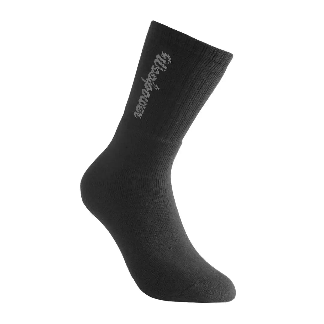 Black Woolpower 400 Logo Sock with gray logo, perfect for outdoors and hunting adventures